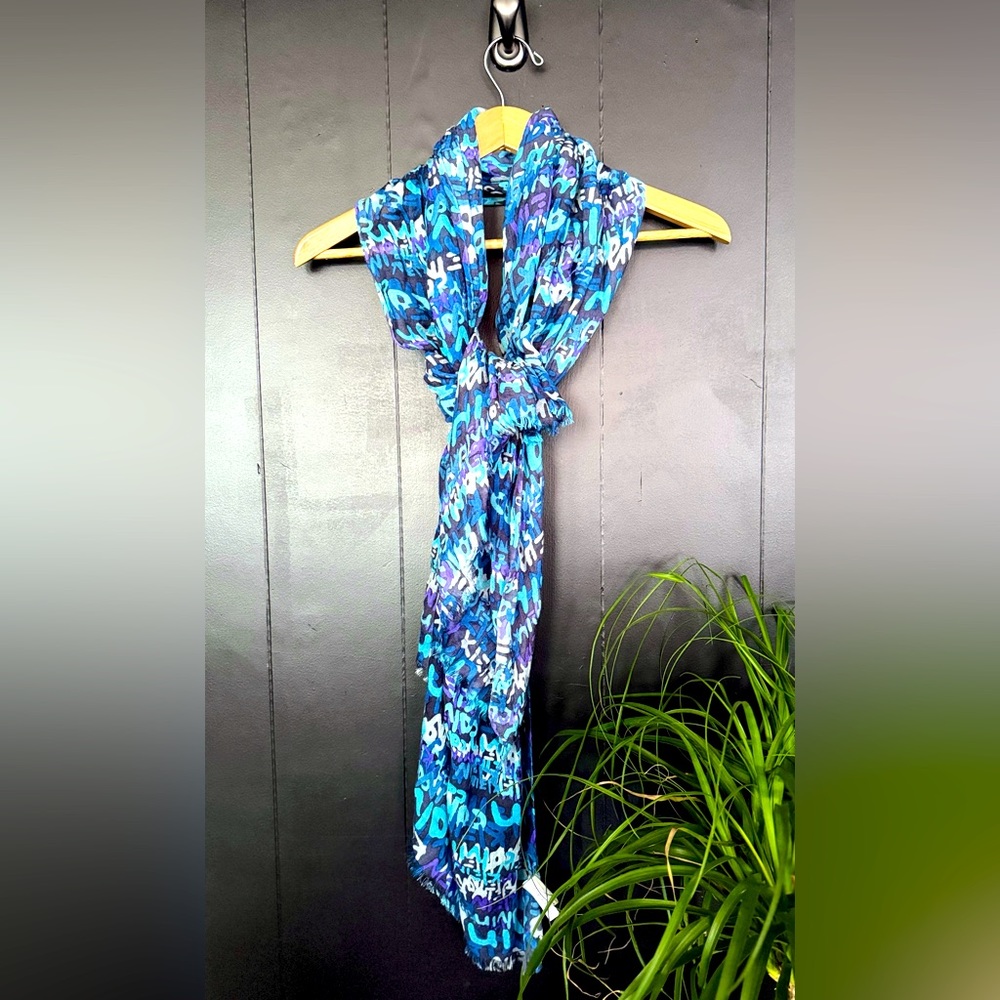 Calvin Klein scarf, shawl.  Blue and purple “Calvin Klein” print